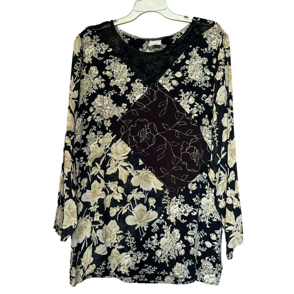 Vintage Carole Little Floral Tunic Top Black Cream Roses 94% Rayon Size 10